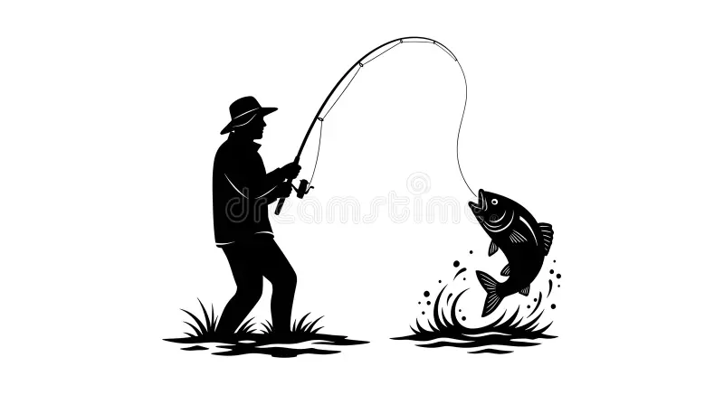 fisherman silhouette reeling jumping fish water black white catching out holding fishing rod 414763229